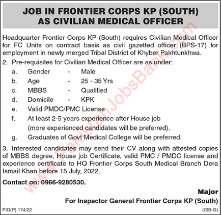Civilian Medical Officer Jobs in Frontier Corps KPK July 2022 CMO Latest