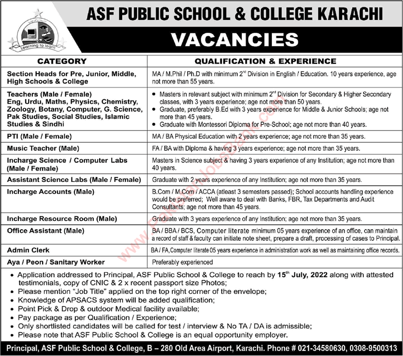 ASF Public School Karachi Jobs 2022 July Teachers, Lab Assistants & Others Latest