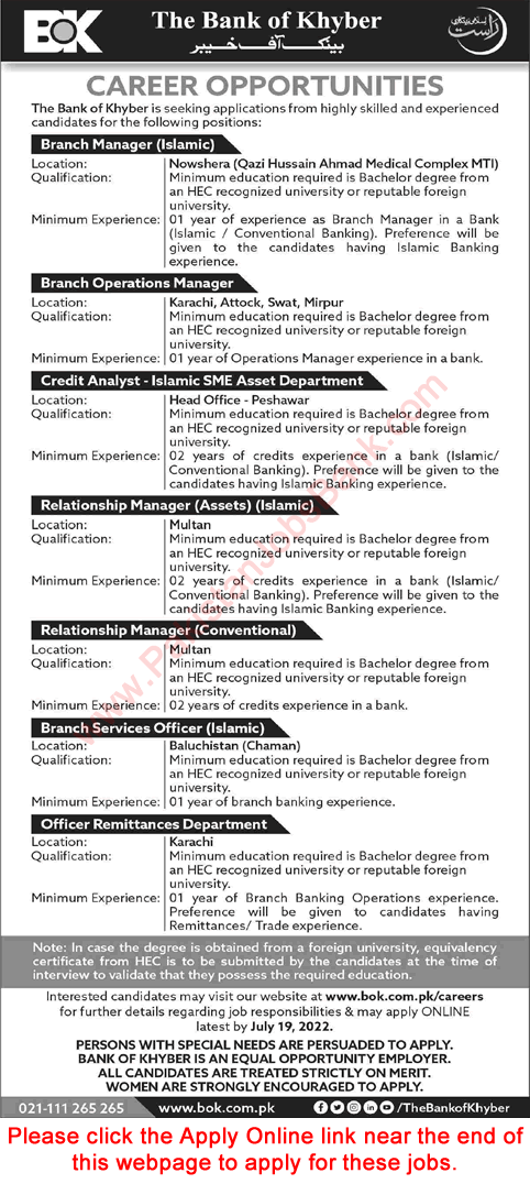 Bank of Khyber Jobs July 2022 BOK Online Apply Branch Managers & Others Latest