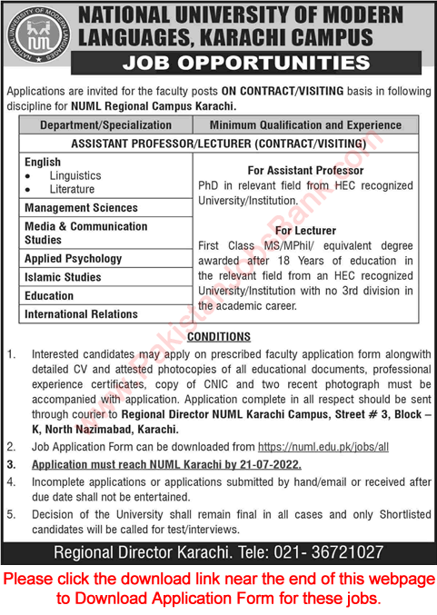Assistant Professor / Lecturer Jobs in NUML University Karachi Campus July 2022 Application Form Latest