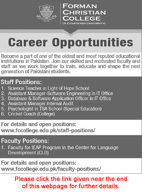 Forman Christian College Lahore Jobs July 2022 Assistant Managers & Others FCC Latest