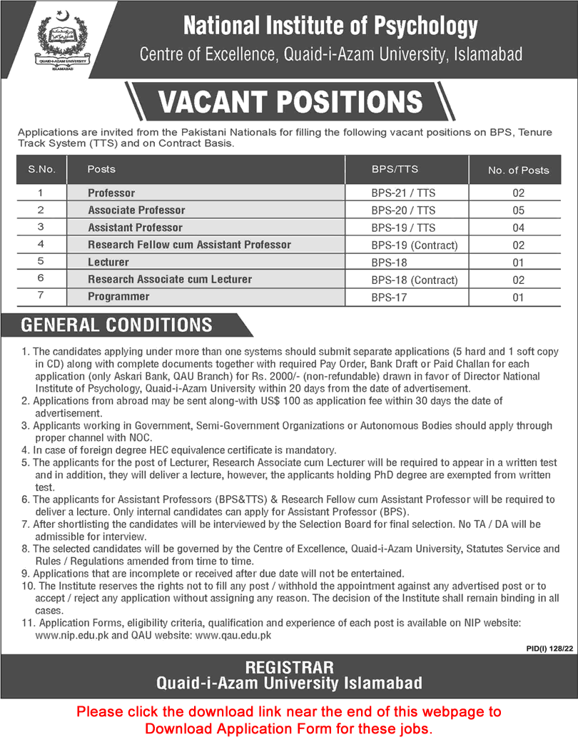 National Institute of Psychology Islamabad Jobs 2022 July Application Form Quaid-i-Azam University Latest