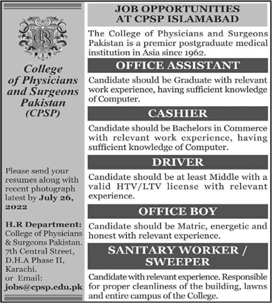 CPSP Islamabad Jobs 2022 July College of Physicians and Surgeons Pakistan Latest
