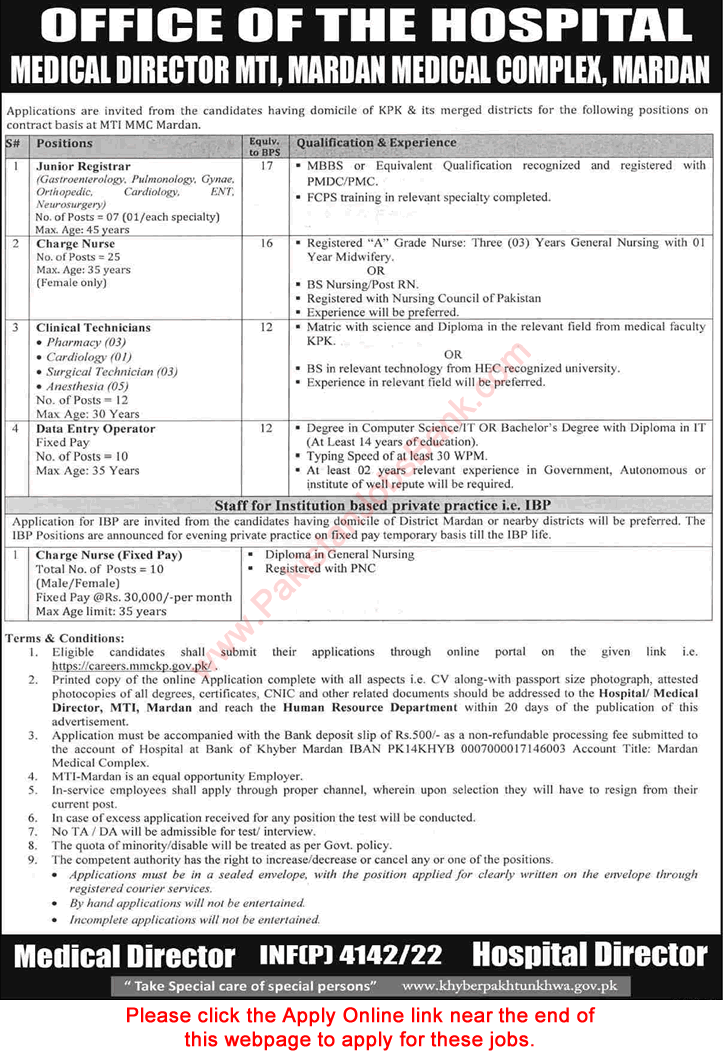 Mardan Medical Complex Jobs 2022 July MTI MMC Apply Online Charge Nurse & Others Latest