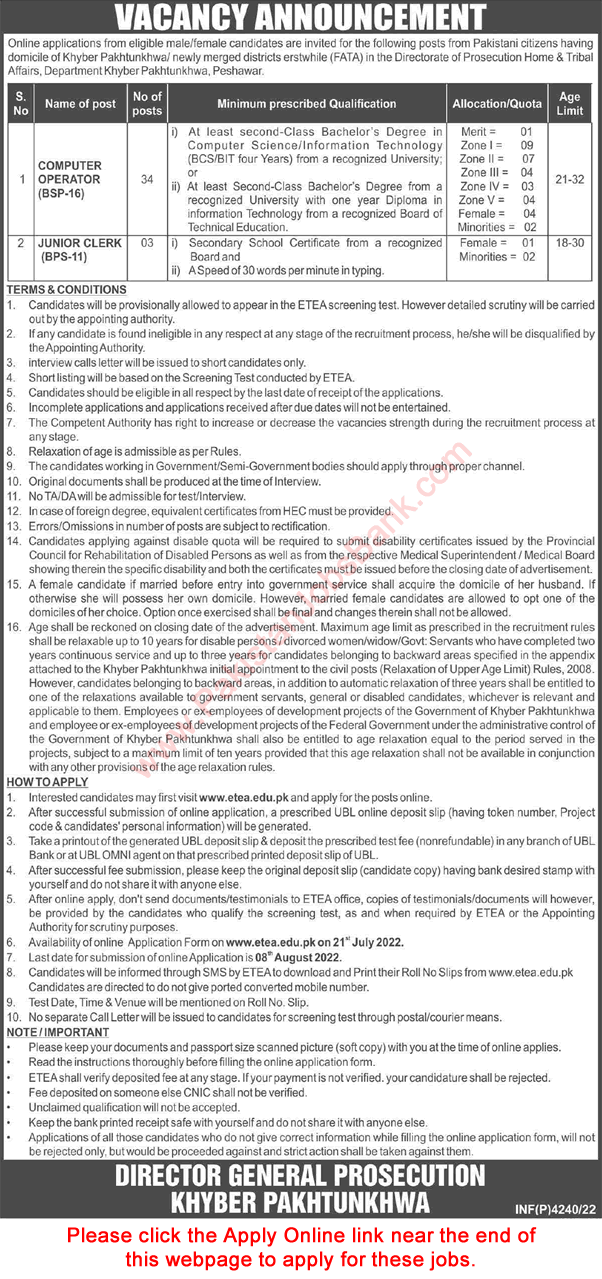 Directorate of Prosecution Home and Tribal Affairs Department KPK Jobs 2022 July ETEA Apply Online Computer Operators & Clerks Latest