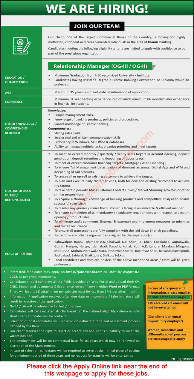 Relationship Manager Jobs in Banking Sector July 2022 Apply Online OG-III / II Latest