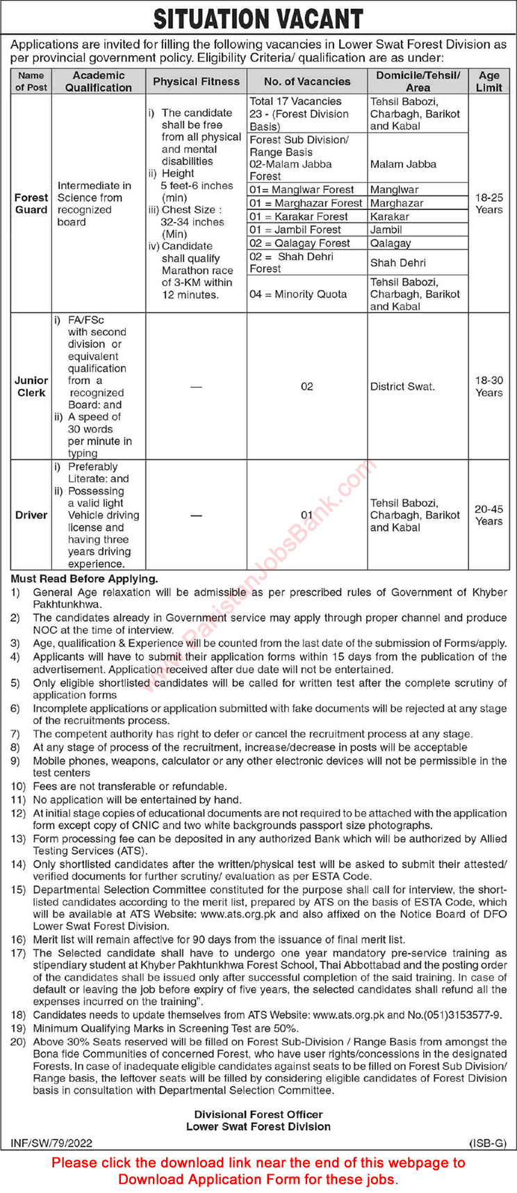 Forest Department KPK Jobs July 2022 Lower Swat Forest Division ATS Application Form Forest Guards & Others Latest