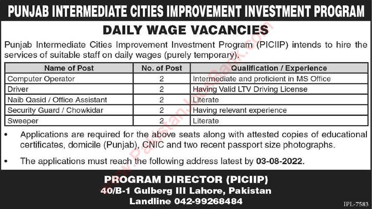 Punjab Intermediate Cities Improvement Investment Program Jobs July 2022 PICIIP Computer Operators & Others Latest