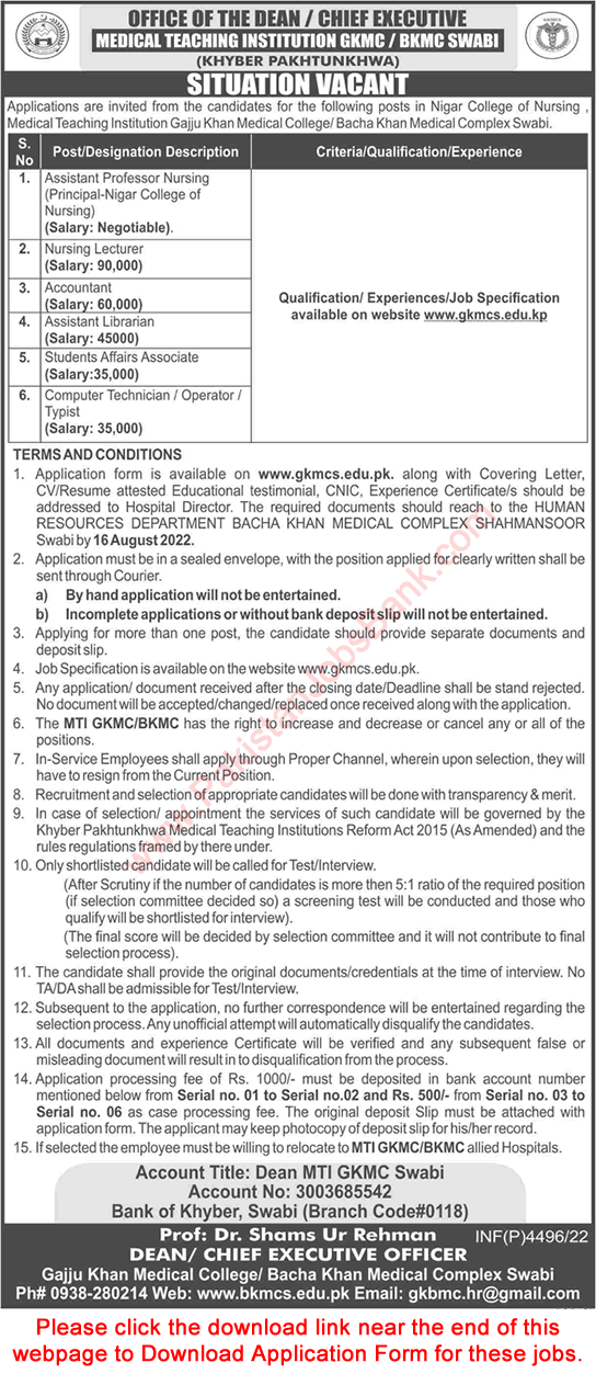 Bacha Khan Medical Complex Swabi Jobs August 2022 BKMC GKMC Application Form Latest