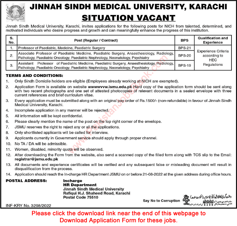 Jinnah Sindh Medical University Karachi Jobs August 2022 JSMU Application Form Teaching Faculty Latest