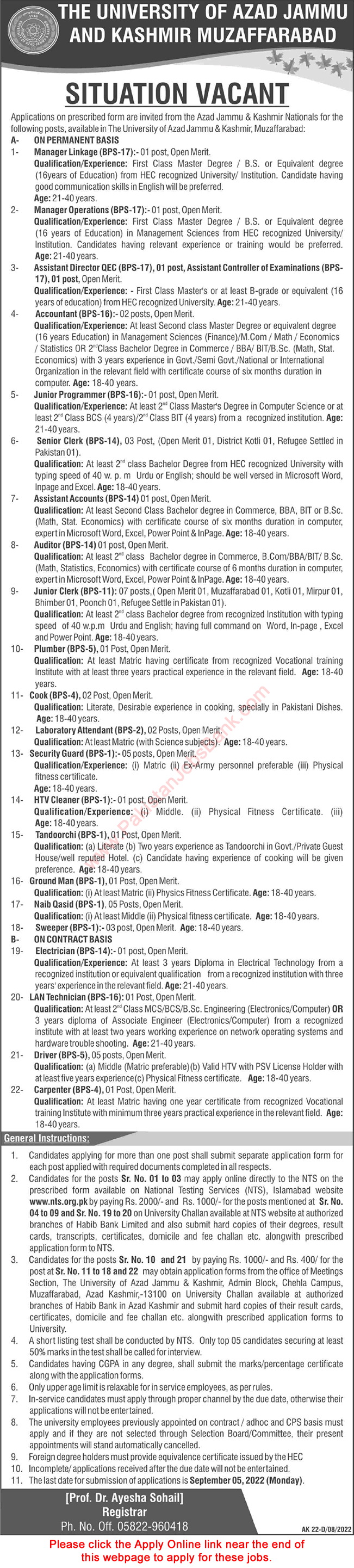 University of AJK Muzaffarabad Jobs August 2022 NTS Apply Online Clerks & Others Latest