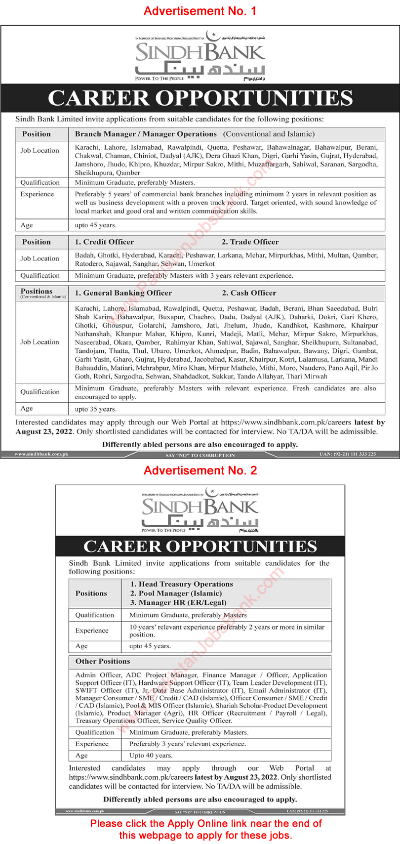 Sindh Bank Jobs August 2022 Apply Online General Banking Officers, Cash Officers & Others Latest