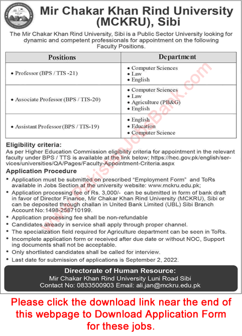 Teaching Faculty Jobs in Mir Chakar Khan Rind University Sibi 2022 August Application Form Latest