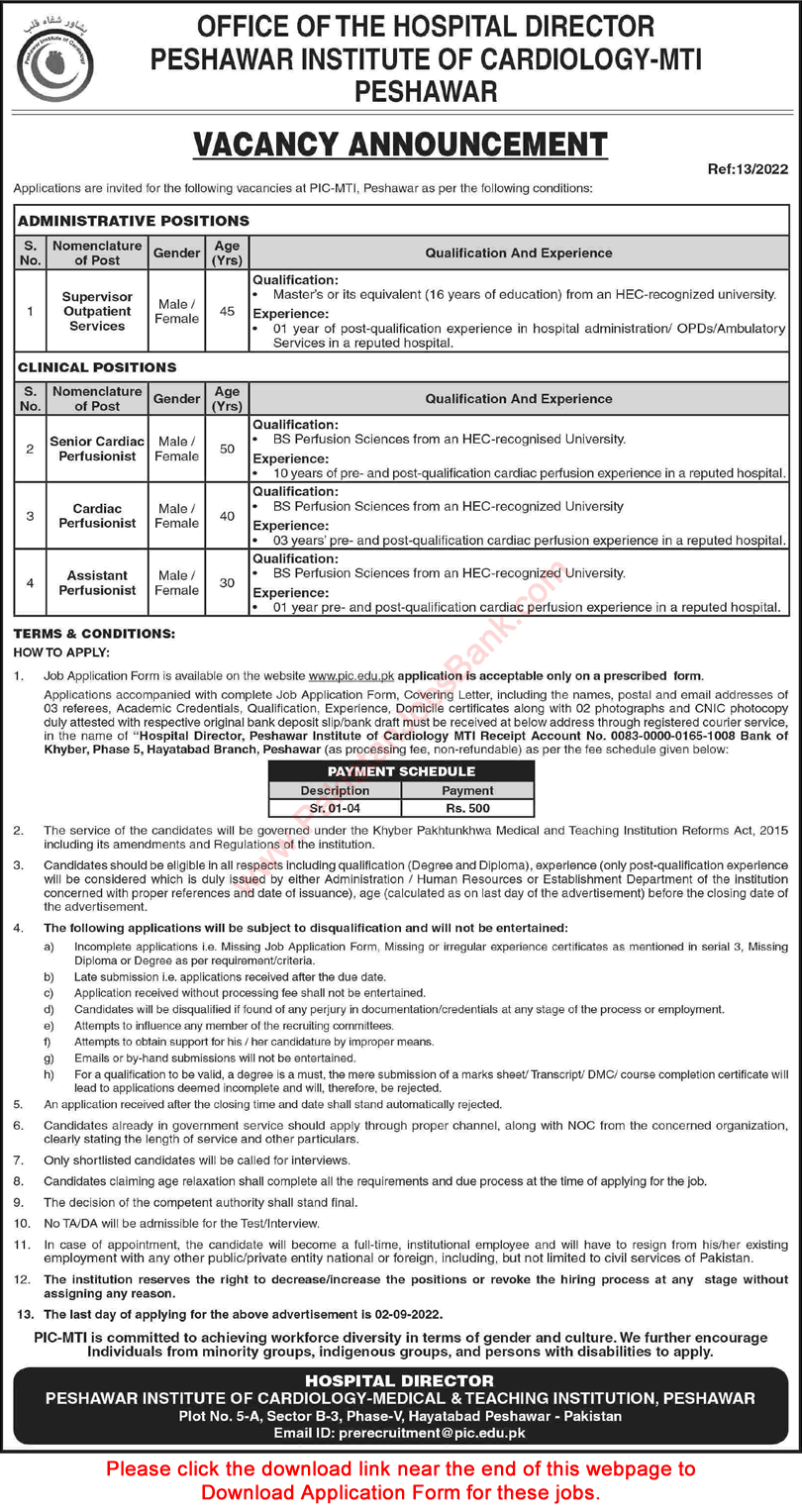 Peshawar Institute of Cardiology Jobs August 2022 PIC MTI Application Form Download Latest