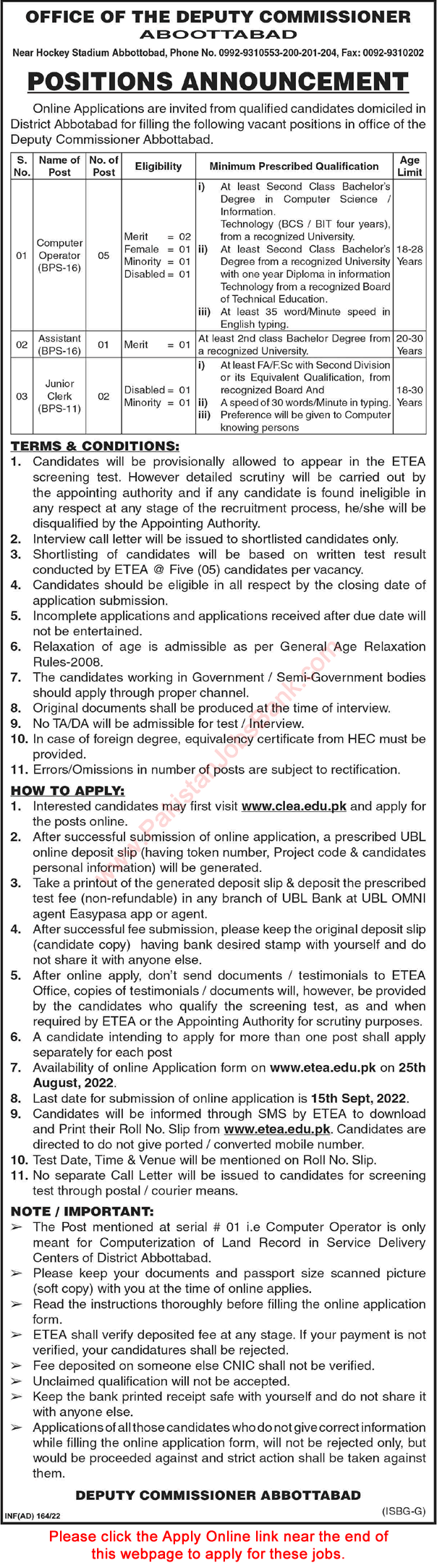 Deputy Commissioner Abbottabad Jobs 2022 August ETEA Apply Online Computer Operator & Others Latest