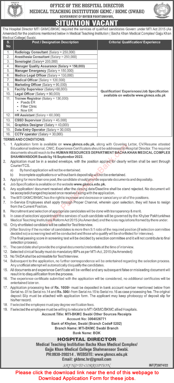 Bacha Khan Medical Complex Swabi Jobs September 2022 BKMC GKMC Application Form Latest
