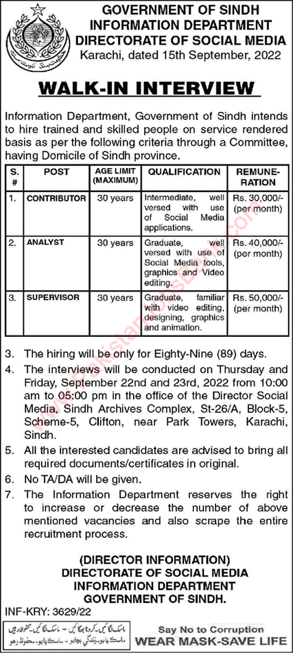 Information Department Sindh Jobs 2022 September Directorate of Social Media Walk in Interview Latest