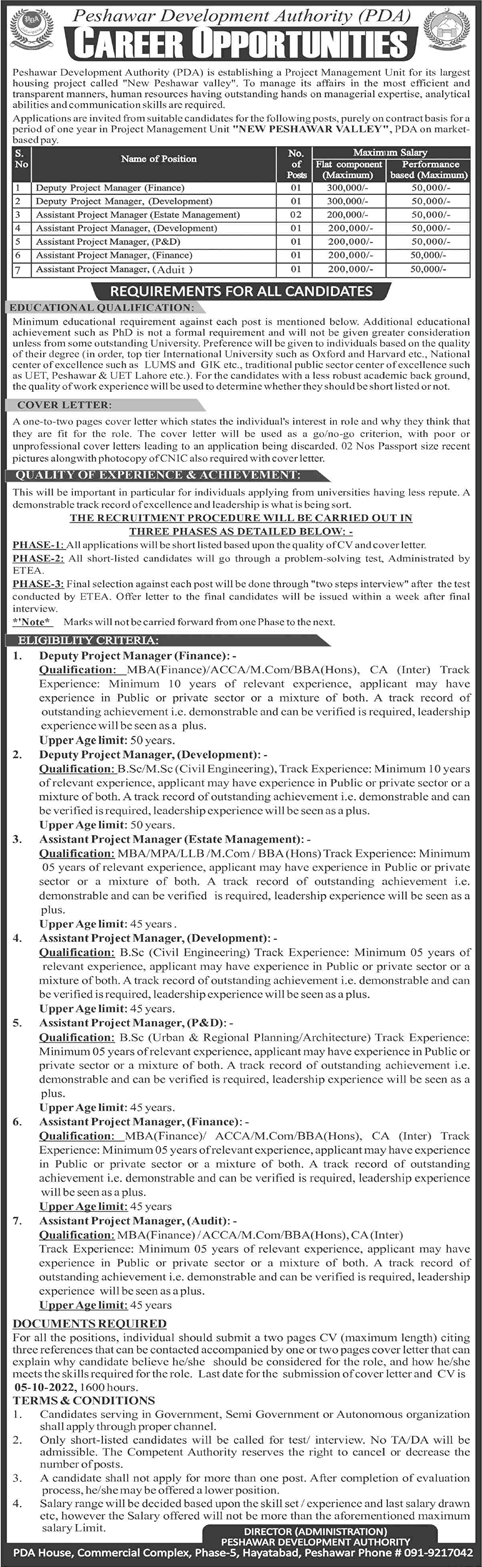 Peshawar Development Authority Jobs September 2022 Project Managers & Others Latest