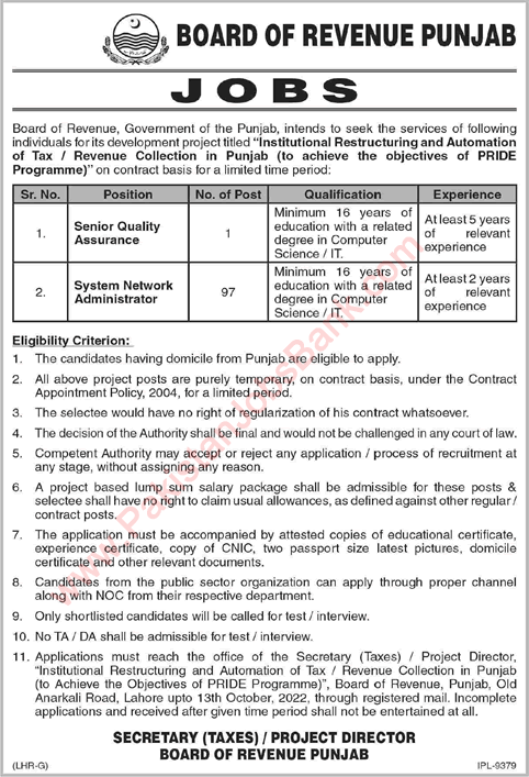 Board of Revenue Punjab Jobs September 2022 System Network Administrator & Others Latest