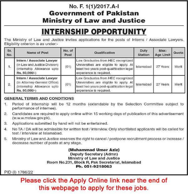 Intern / Associate Lawyer Jobs in Ministry of Law and Justice Islamabad 2022 September Apply Online Latest