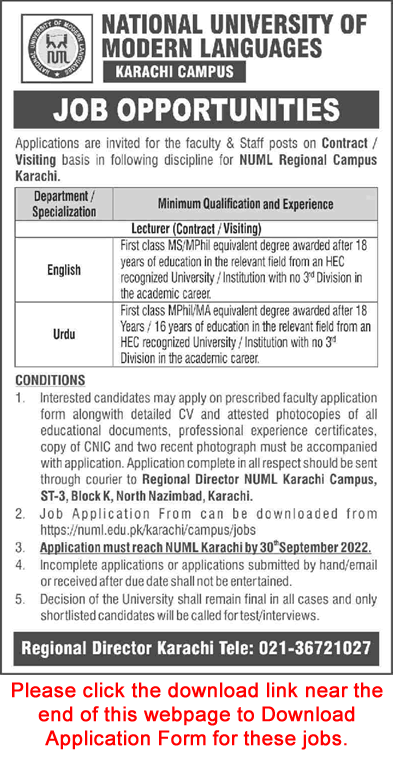 Lecturer Jobs in NUML University Karachi September 2022 Application Form Download Latest