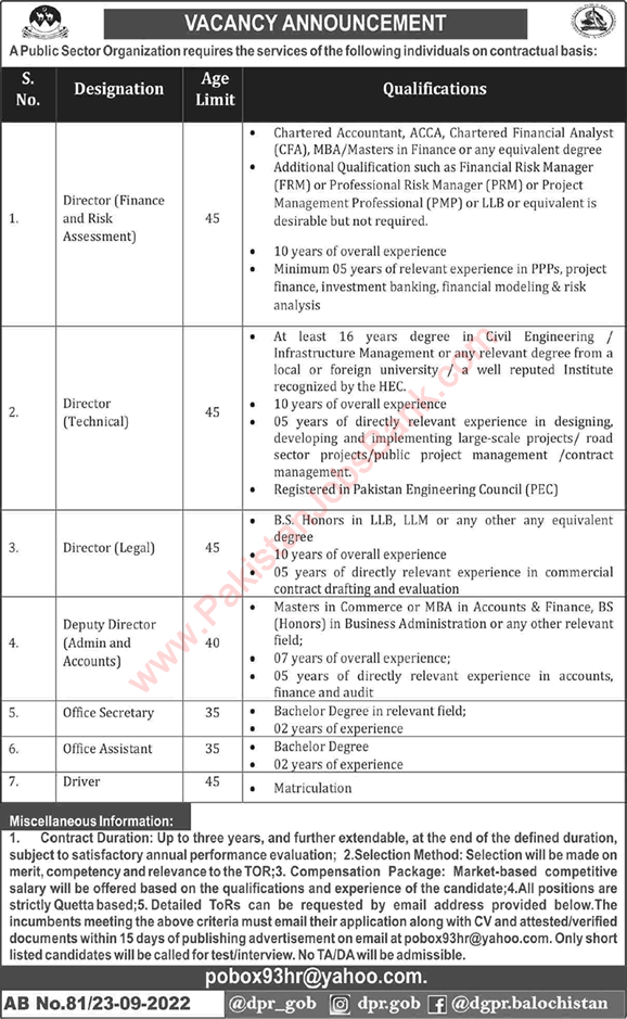 Directorate of Public Relations Balochistan Jobs September 2022 Office Assistant / Secretary & Others Latest