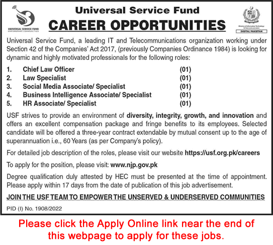 Universal Service Fund Pakistan Jobs 2022 September NJP Apply Online Specialists & Others Latest
