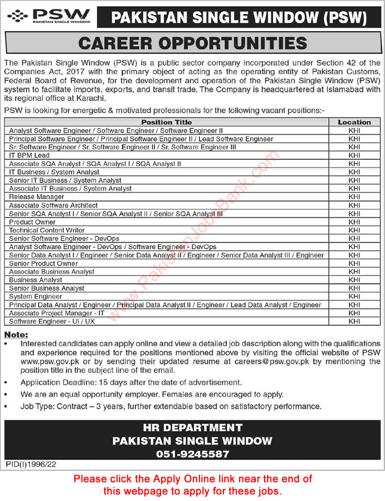 Pakistan Single Window Karachi Jobs September 2022 October PSW Apply Online Software Engineers, System Analysts & Others Latest