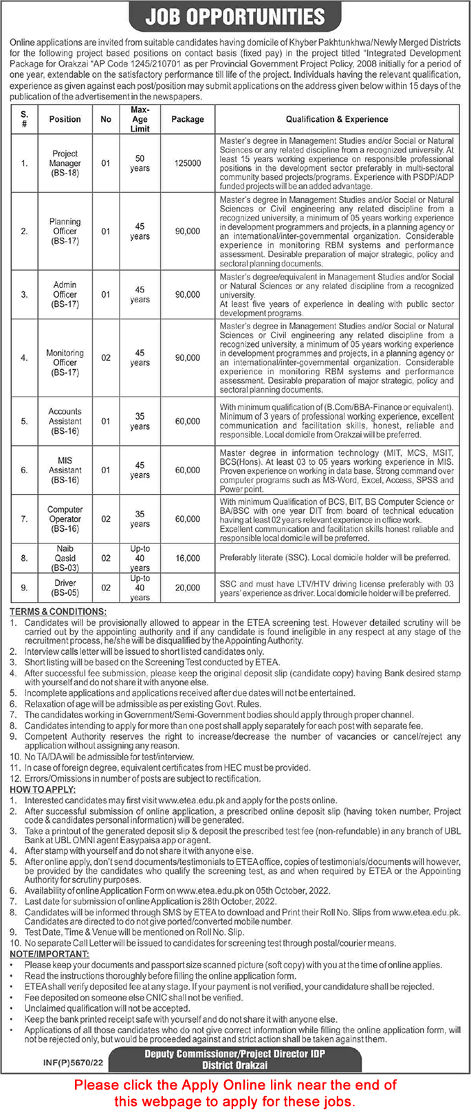 Deputy Commissioner Orakzai Jobs 2022 September / October ETEA Apply Online Monitoring Officers & Others Latest