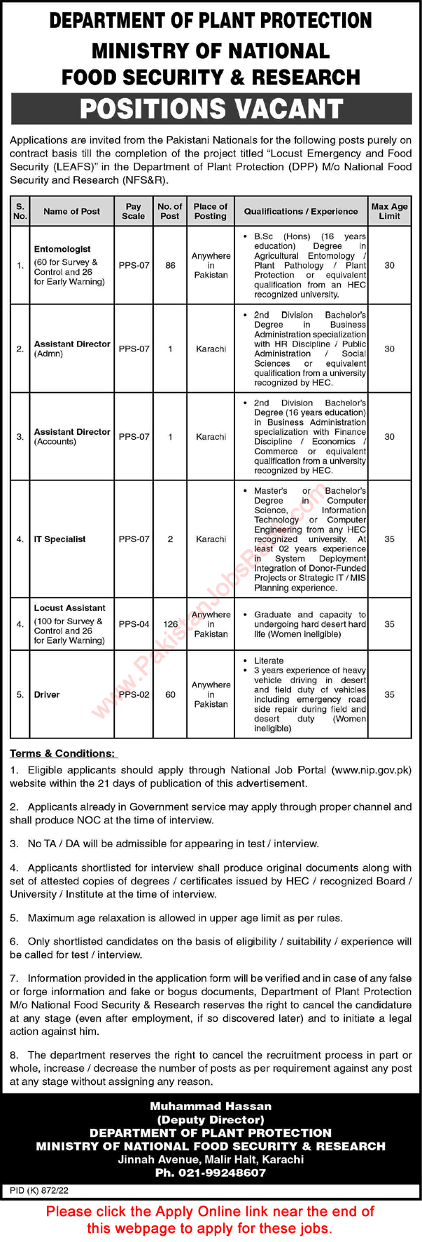 Ministry of National Food Security and Research Jobs October 2022 Online Apply Locust Assistant & Others Latest