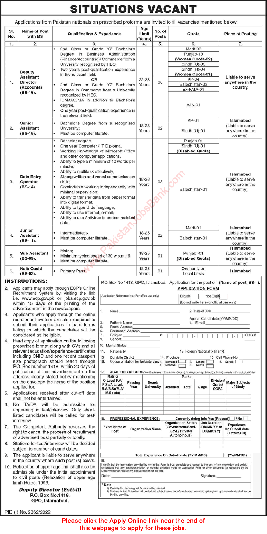 PO Box 1418 GPO Islamabad Jobs October 2022 ECP Apply Online Assistant Director & Others Election Commission of Pakistan Latest