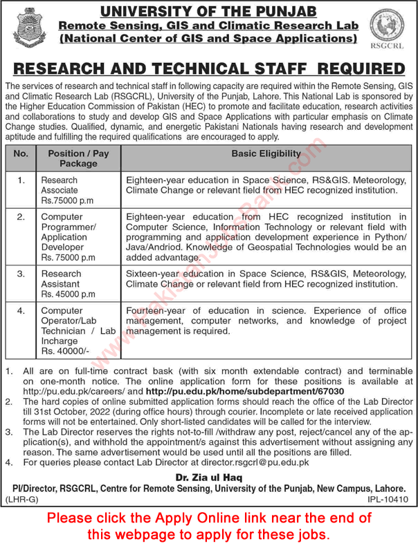 University of the Punjab Jobs October 2022 Apply Online Research Associate / Assistant & Others Latest