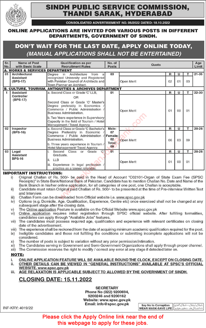 SPSC Jobs October 2022 Apply Online Consolidated Advertisement No 05/2022 Latest