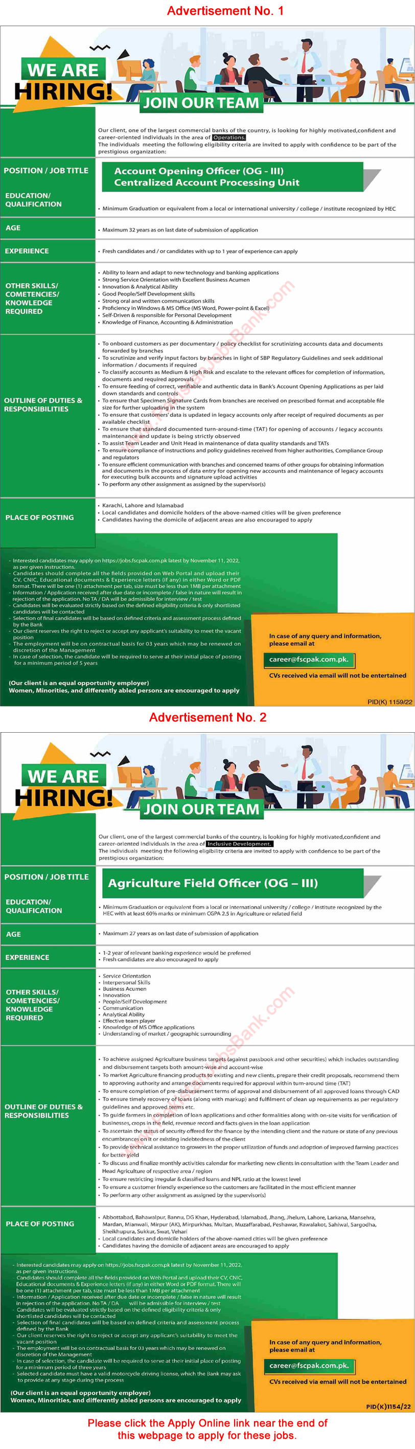 Banking Jobs in Pakistan October 2022 November Apply Online Agriculture Field Officers & Accounts Opening Oficers Latest