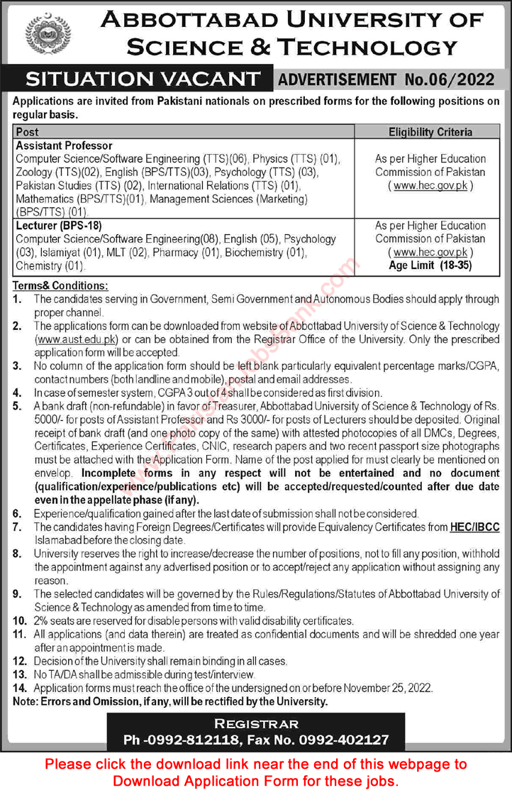 Abbottabad University of Science and Technology Jobs November 2022 Application Form Teaching Faculty Latest