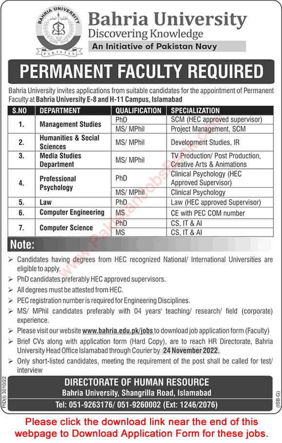 Bahria University Islamabad Jobs November 2022 Application Form Teaching Faculty Latest