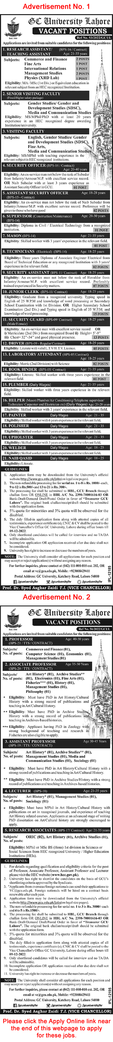 GC University Lahore Jobs November 2022 GCU Application Form Government College University Latest