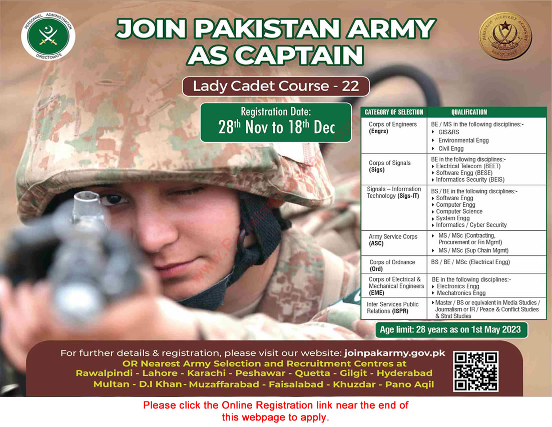 Join Pakistan Army as Captain through Lady Cadet Course November 2022 December Online Registration Latest