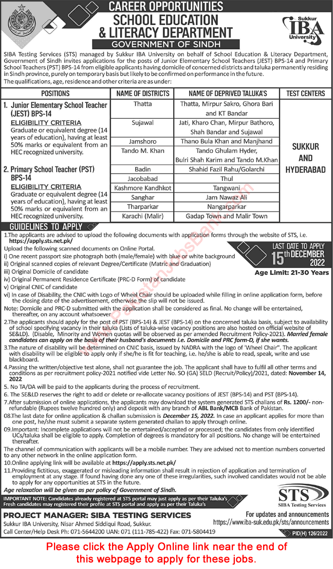 School Education and Literacy Department Sindh Jobs November 2022 STS Apply Online for Teachers Latest