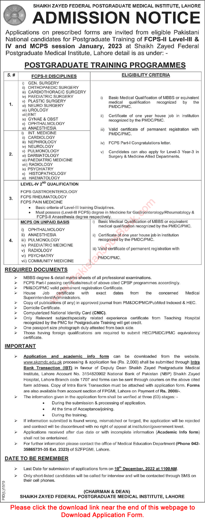 Shaikh Zayed Federal Postgraduate Institute Lahore FCPS Postgraduate Training November 2022 December Application Form Latest