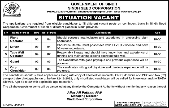 Sindh Seed Corporation Jobs 2022 December Plant Operators & Others Latest