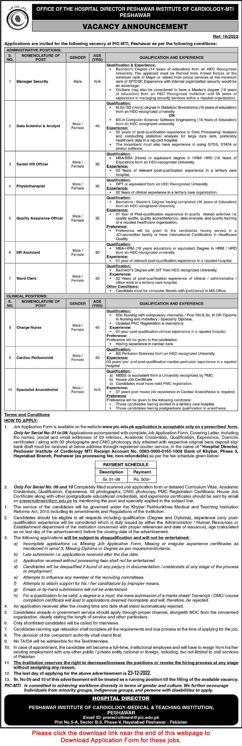 Peshawar Institute of Cardiology Jobs December 2022 MTI Application Form Nurse, Ward Clerk & Others Latest