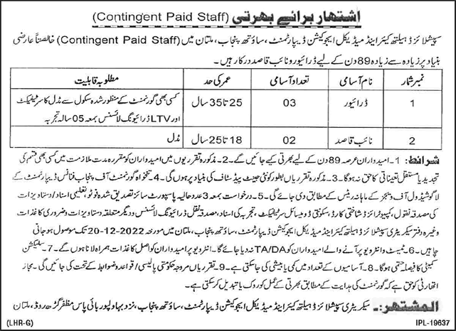 Specialized Healthcare and Medical Education Department Multan Jobs December 2022 Drivers & Naib Qasid Latest