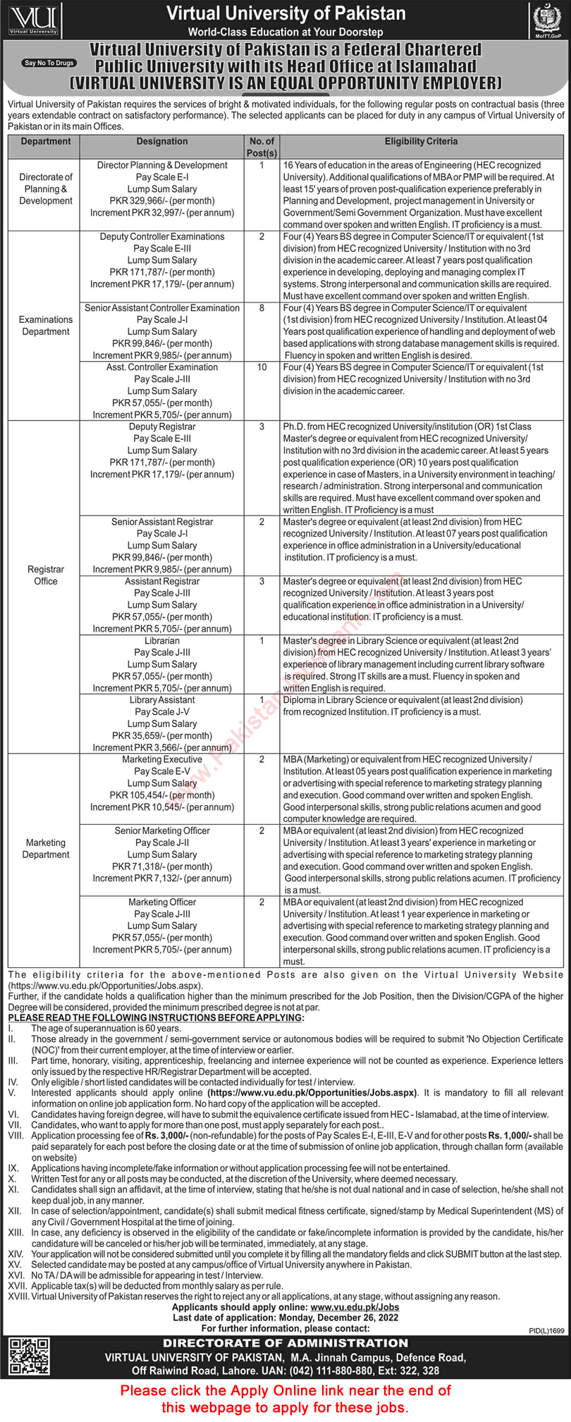 Virtual University of Pakistan Jobs December 2022 Apply Online Marketing Officers / Executive & Others Latest