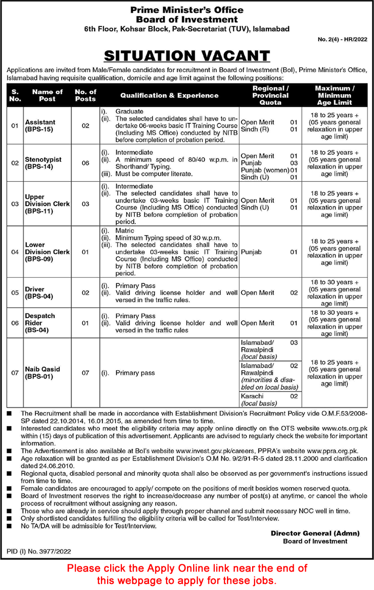 Prime Minister's Office Islamabad Jobs December 2022 OTS Online Apply Board of Investment BOI Latest