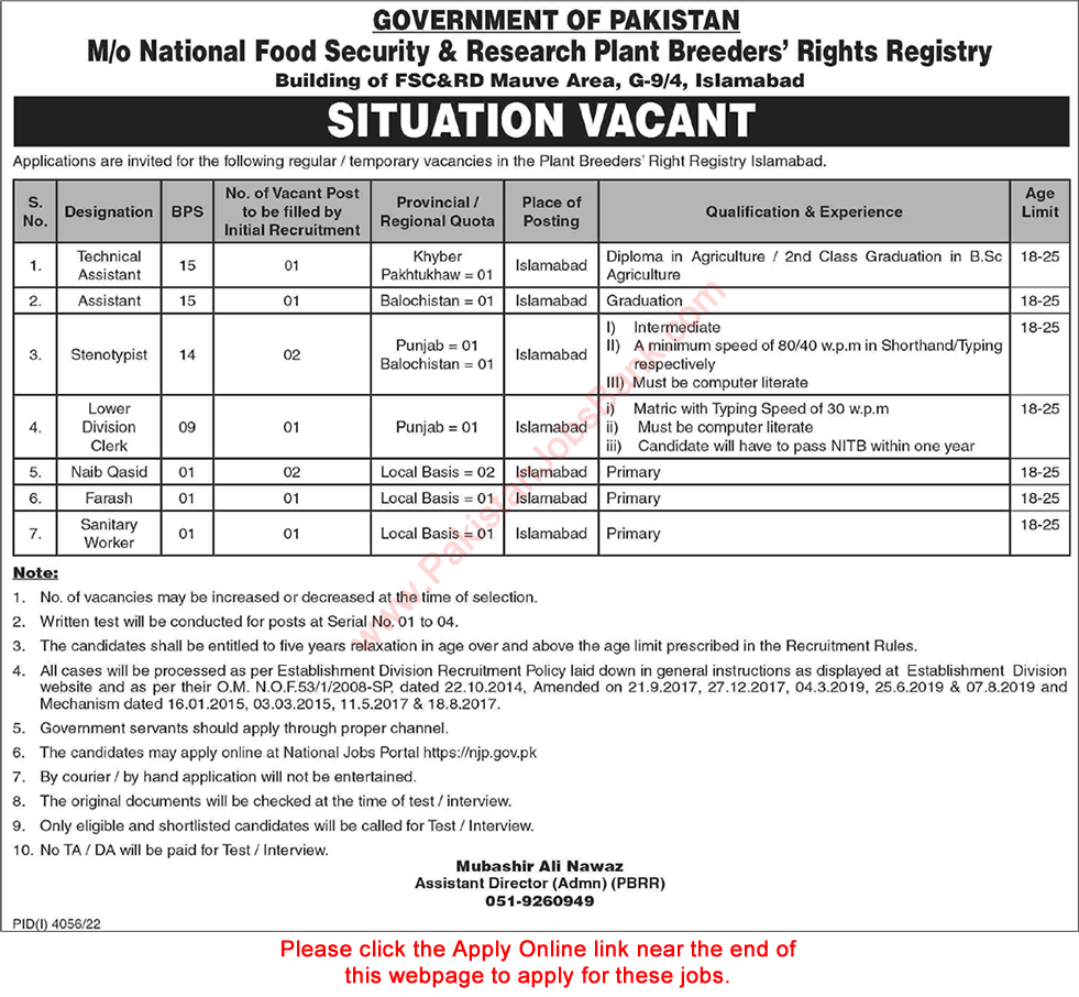 Ministry of National Food Security and Research Jobs December 2022 2023 Apply Online Plant Breeders Rights Registry Islamabad Latest