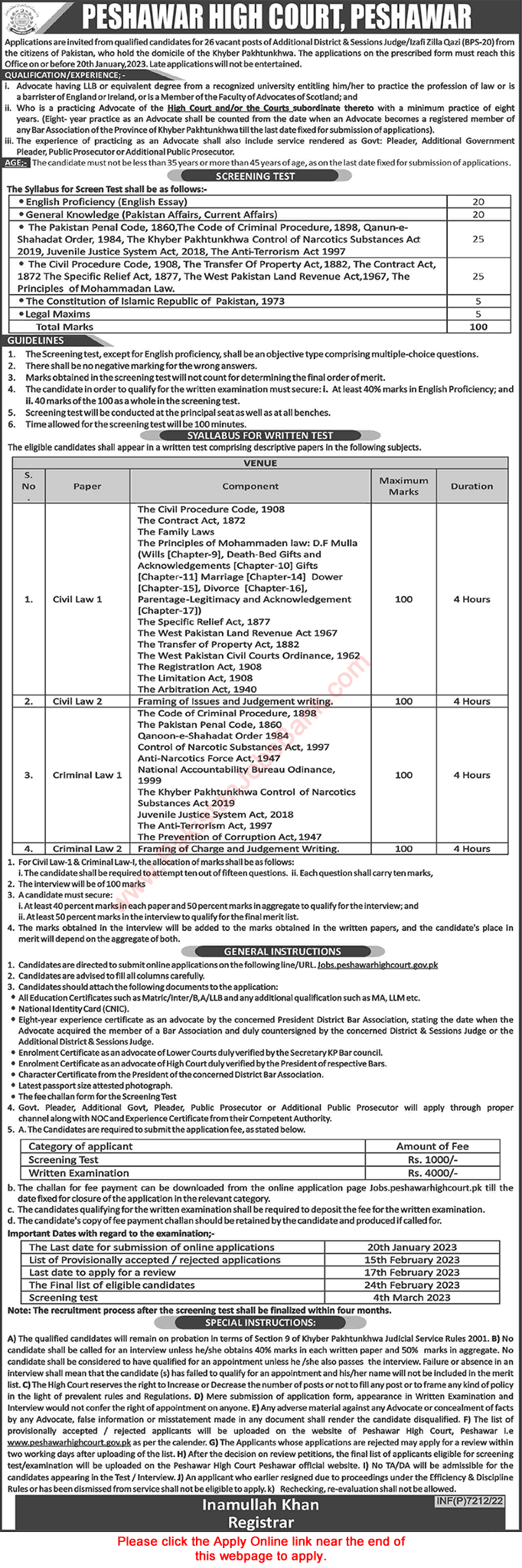 Additional District and Session Judge Jobs in Peshawar High Court December 2022 / 2023 Online Apply Izafi Zilla Qazi Latest