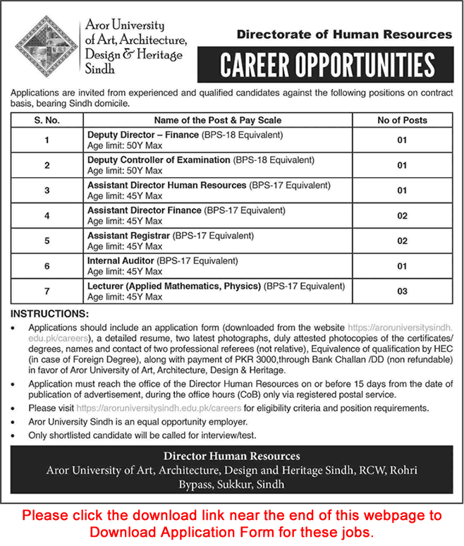 Aror University Sukkur Jobs 2023 Application Form Assistant Directors & Others Latest