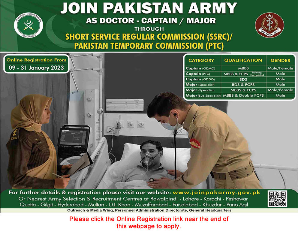 Join Pakistan Army as GDMO & Specialist Doctor 2023 Online Registration through Short Service Regular Commission Latest