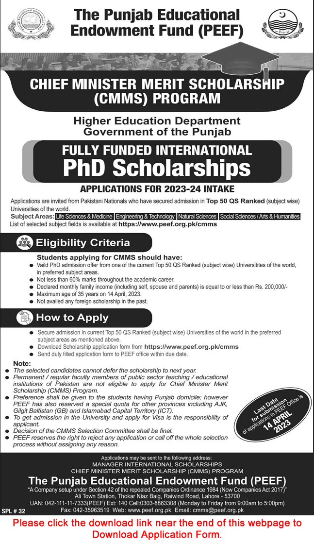 Chief Minister Merit Scholarships 2023 PEEF Application Form CMMS International PhD Scholarship Latest